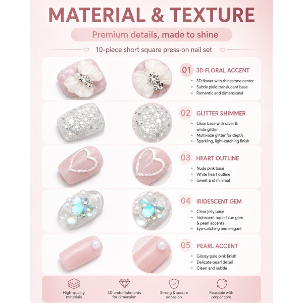 Nude‑Pink Short Square Press‑On Nails, Gentle Style False Nails with 3D Flowers, Hearts, Pearls & Glitter Rhinestones